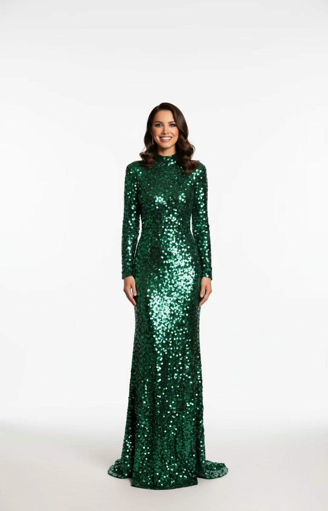Emerald Green Sequin Mermaid Prom Dress High Neck Long Sleeve