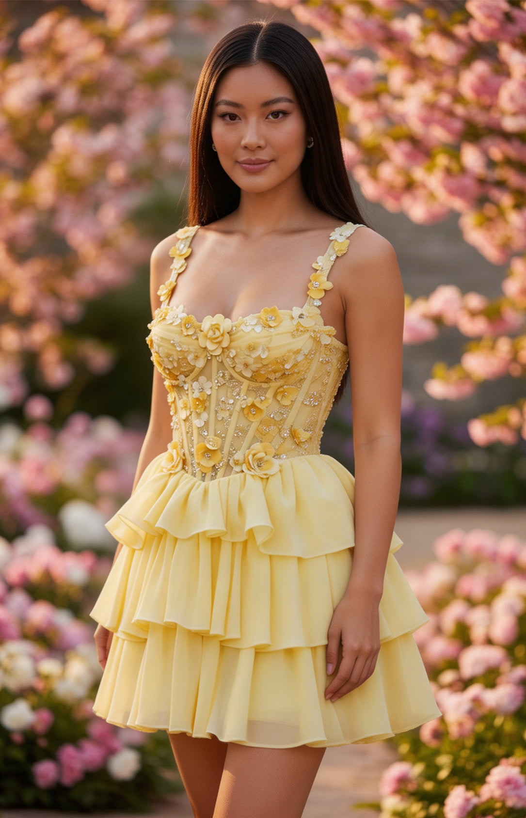 Yellow 3D floral applique corset tiered ruffle mini homecoming dress front view
