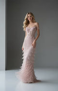 Front view of blush pink beaded fringe formal evening gown with floral applique by Xalpheor
