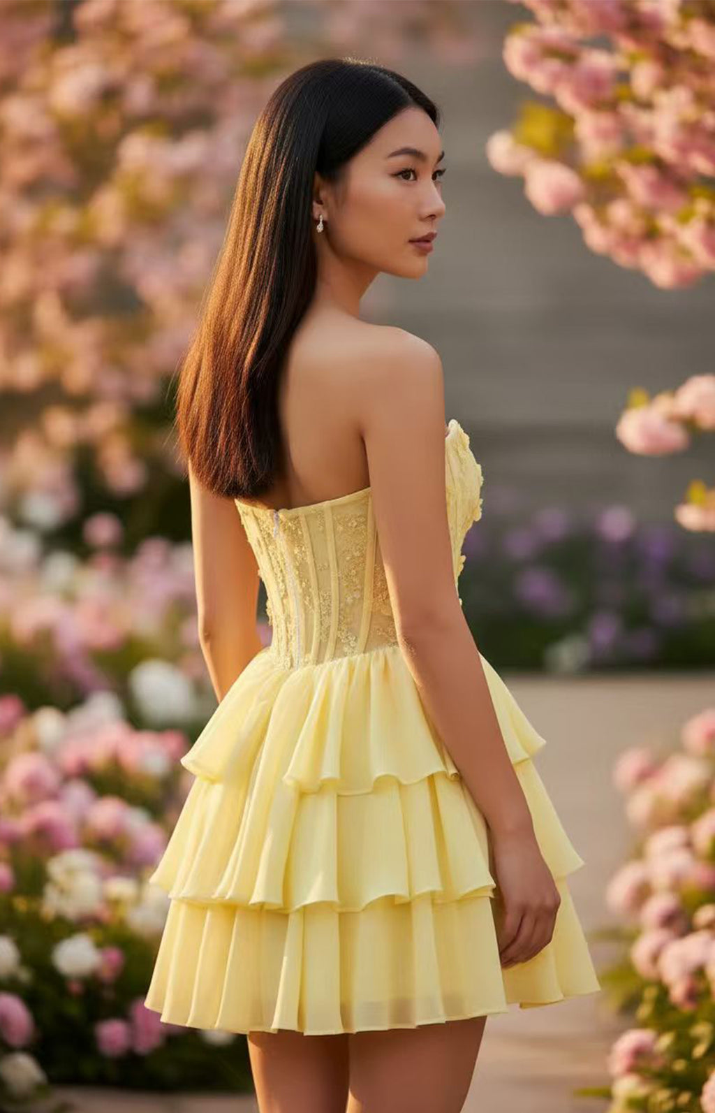 Yellow 3D floral applique corset tiered ruffle mini homecoming dress side view