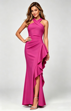 Cross Halter Side Ruffle Mermaid Maxi Formal Dress | Multi Color Bridesmaid Evening Gown