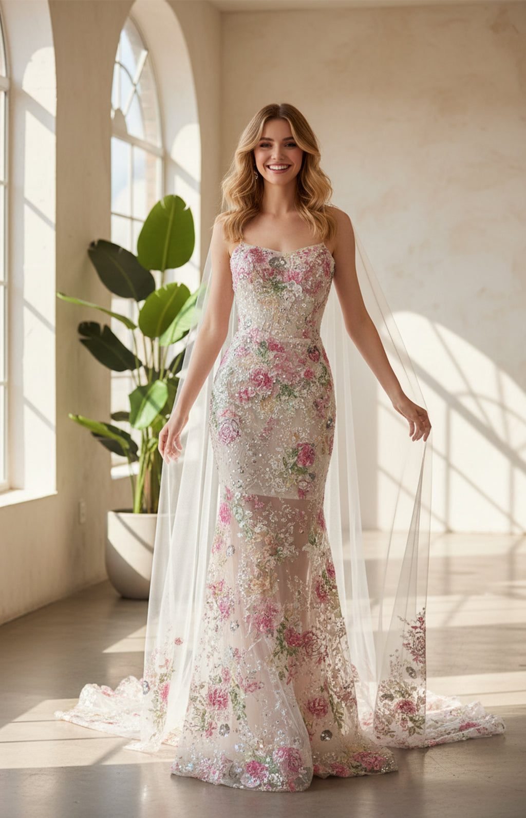 Ivory Pink Floral Beaded Tulle Mermaid Cape Prom Dress
