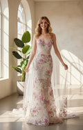 Ivory Pink Floral Beaded Tulle Mermaid Cape Prom Dress