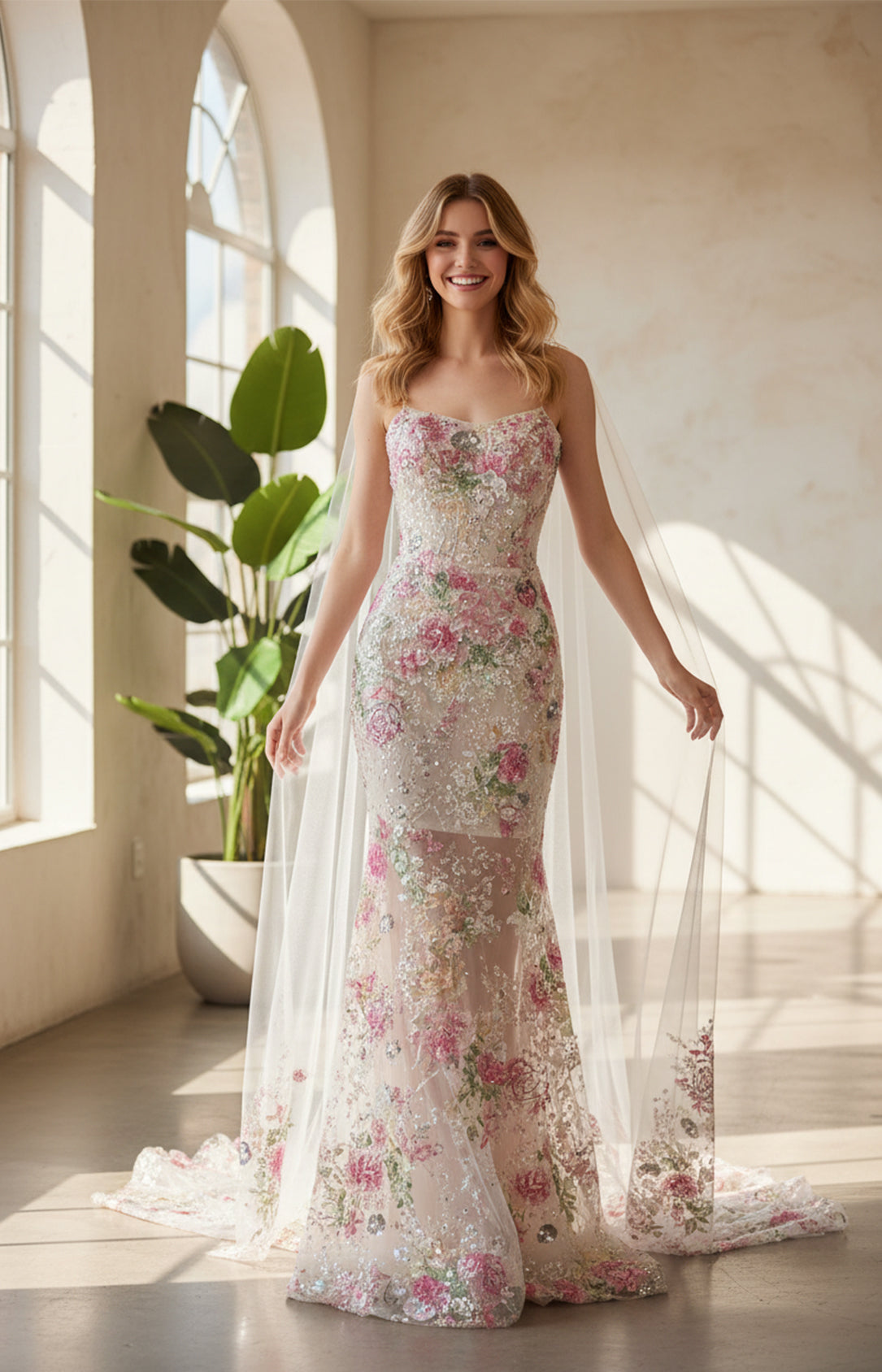 Ivory Pink Floral Beaded Tulle Mermaid Cape Prom Dress