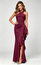 Cross Halter Side Ruffle Mermaid Maxi Formal Dress | Multi Color Bridesmaid Evening Gown