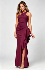Cross Halter Side Ruffle Mermaid Maxi Formal Dress | Multi Color Bridesmaid Evening Gown