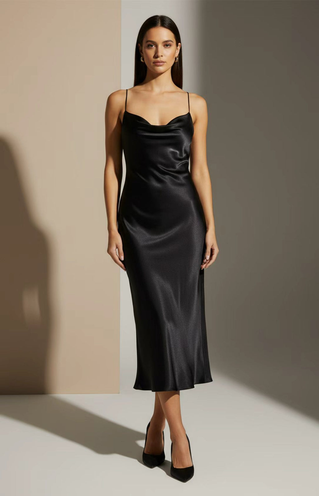 Black Cowl Neck Satin Lace-Up Back Midi Spaghetti Strap Formal Dress