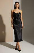 Black Cowl Neck Satin Lace-Up Back Midi Spaghetti Strap Formal Dress