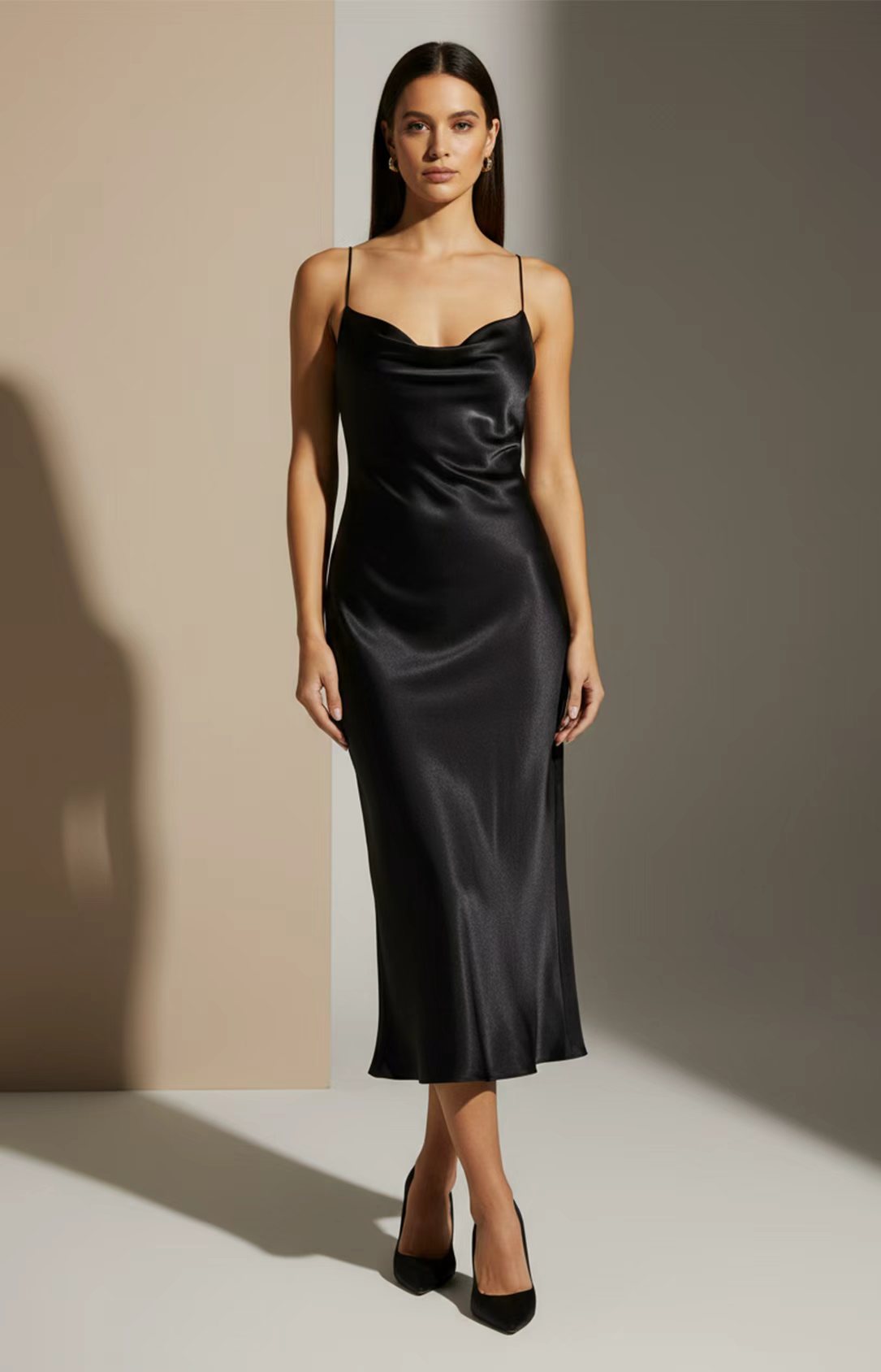 Black Cowl Neck Satin Lace-Up Back Midi Spaghetti Strap Formal Dress