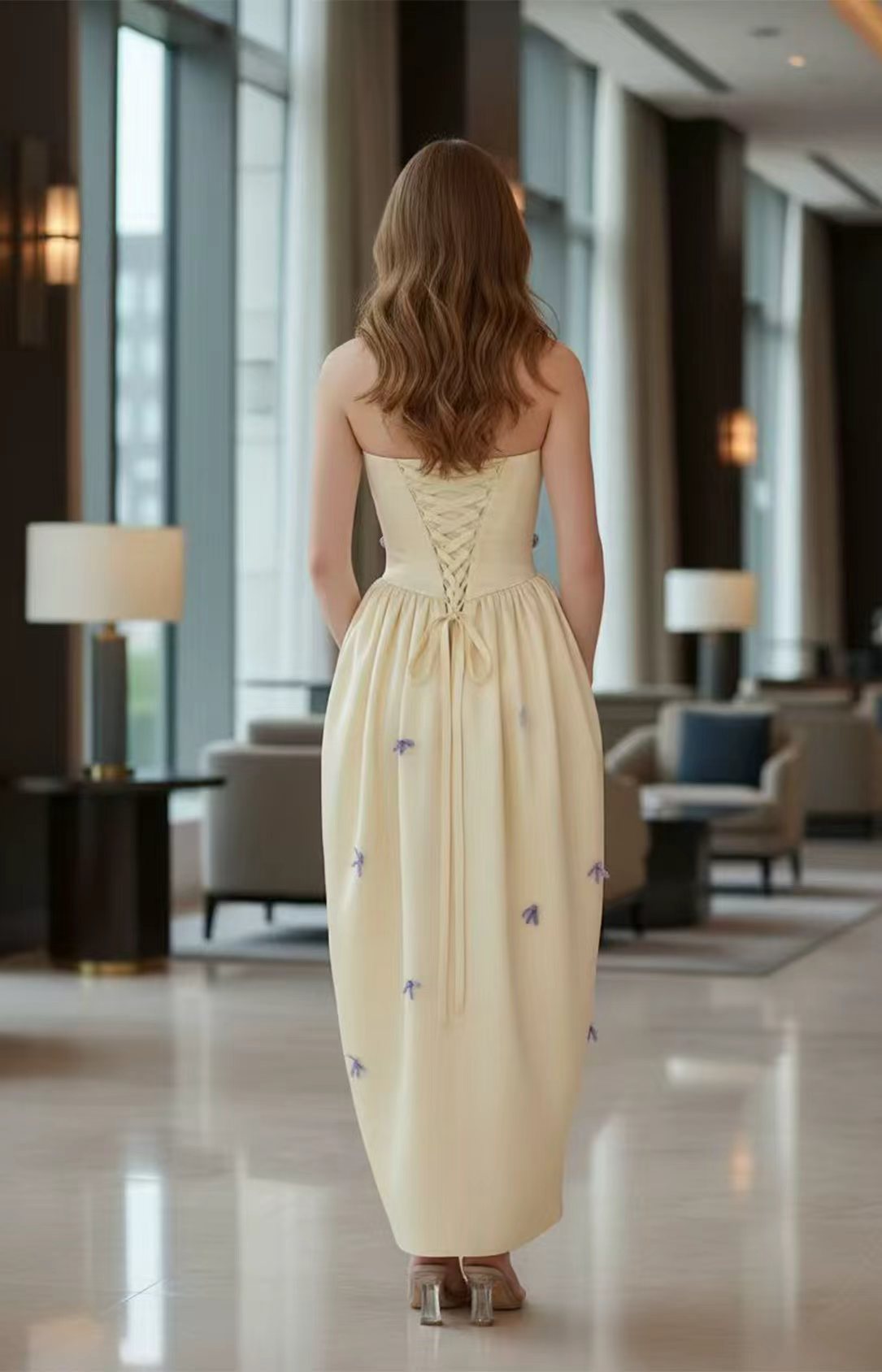 Cream Yellow Satin Strapless Bow Midi Formal Dress With Pockets XALPHEOR