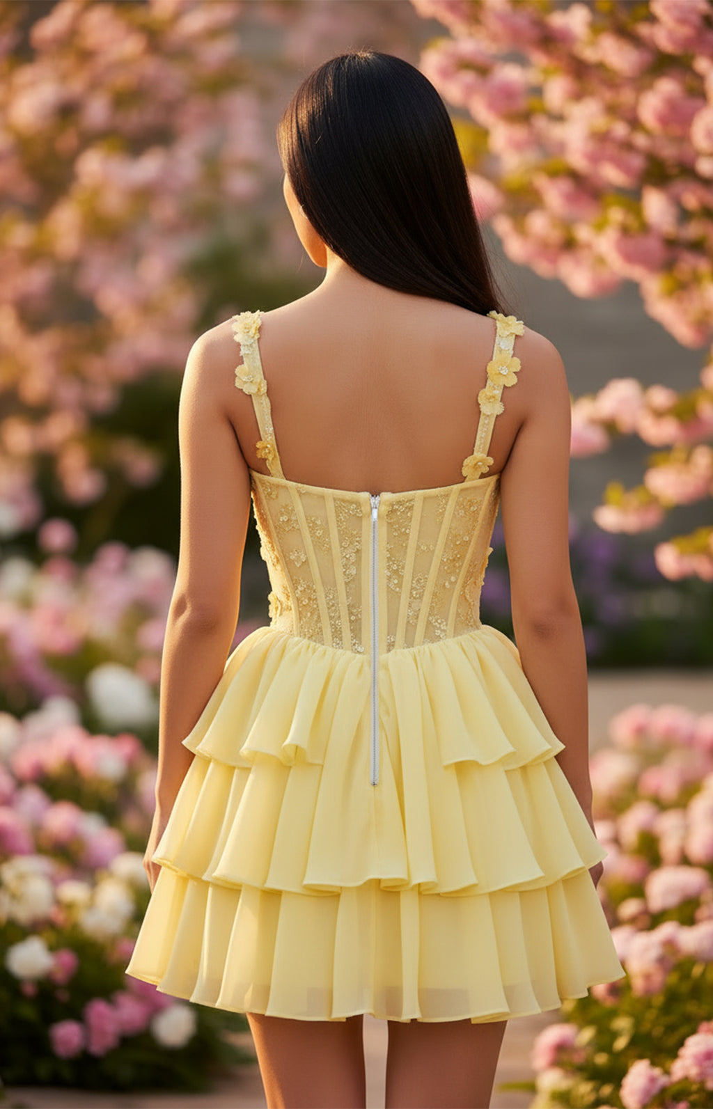 Yellow 3D floral applique corset tiered ruffle mini homecoming dress back view zipper