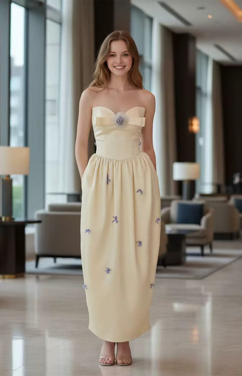 Cream Yellow Satin Strapless Bow Midi Formal Dress With Pockets XALPHEOR
