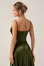 A Line Sweetheart Spaghetti Strap-Satin Floor Length Button Slit Bridesmaid Dress Back View
