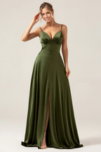 A Line Sweetheart Spaghetti Strap-Satin Floor Length Button Slit Bridesmaid Dress Front View