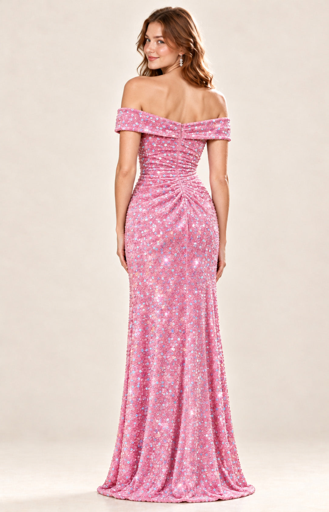 Back view of rose pink off-the-shoulder sequin mermaid prom dress showing ruched details and sweep train by XALPHEOR
