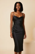 Black Premium Satin Cowl Neck Sheath Midi Homecoming Dress Front View, Spaghetti strap formal slip dress for women
