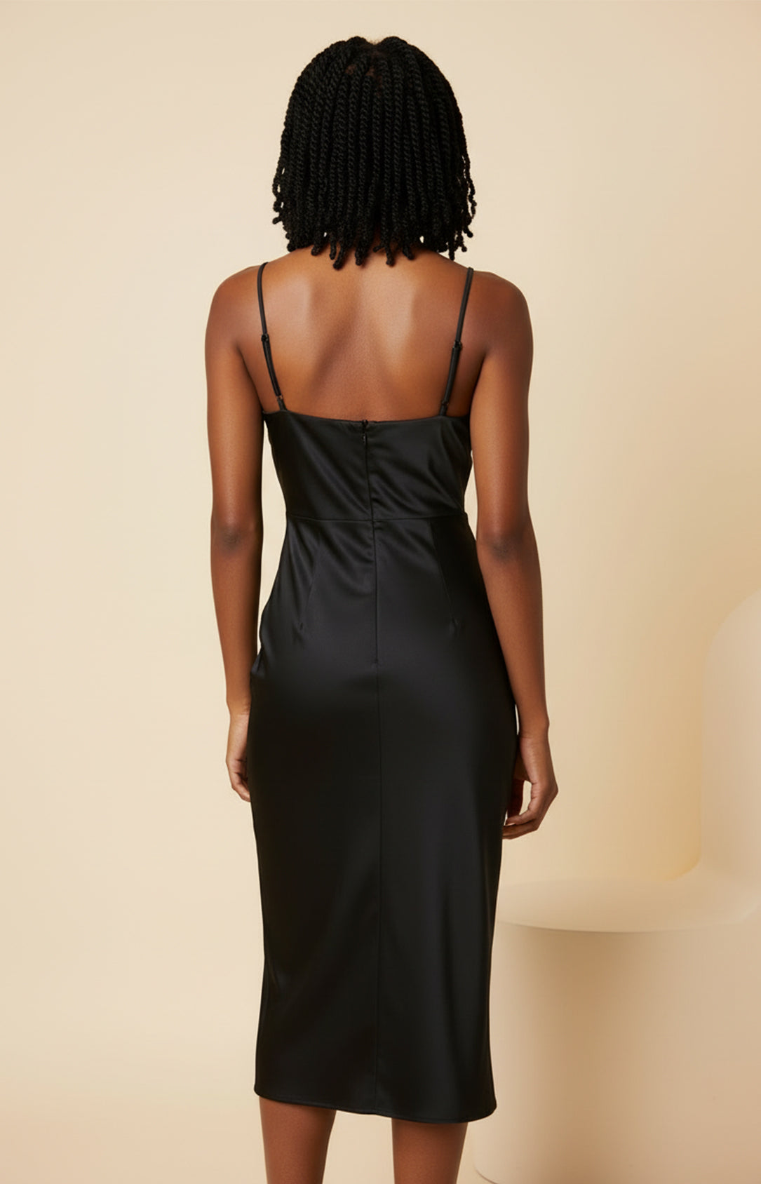 Black Premium Satin Spaghetti Strap Cowl Neck Sheath Midi Homecoming Dress Back View, concealed zipper