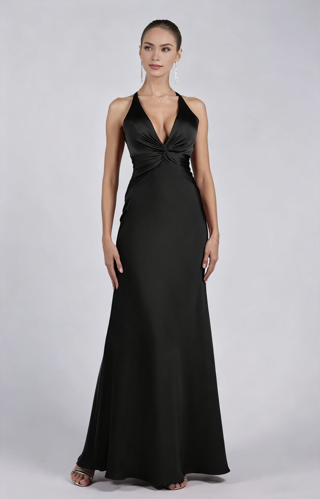 Glamorous Sheath Plunging V-neck Sleeveless Satin Floor-length Twist-front Evening Gown