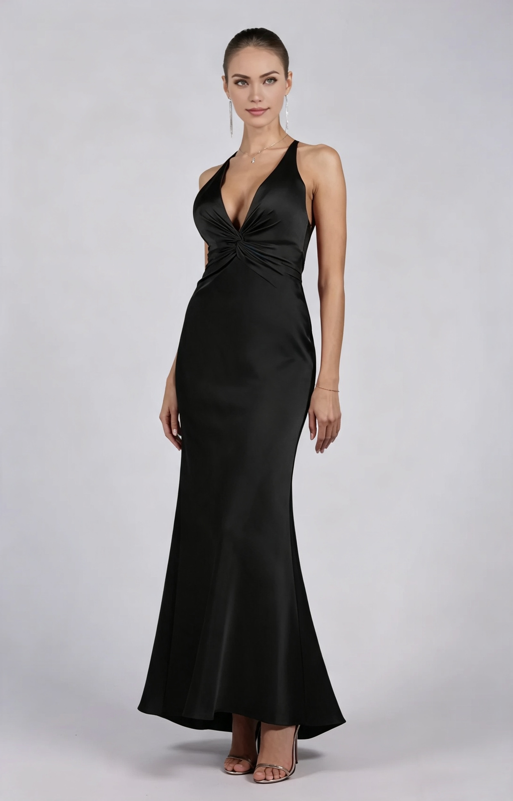 Glamorous Sheath Plunging V-neck Sleeveless Satin Floor-length Twist-front Evening Gown