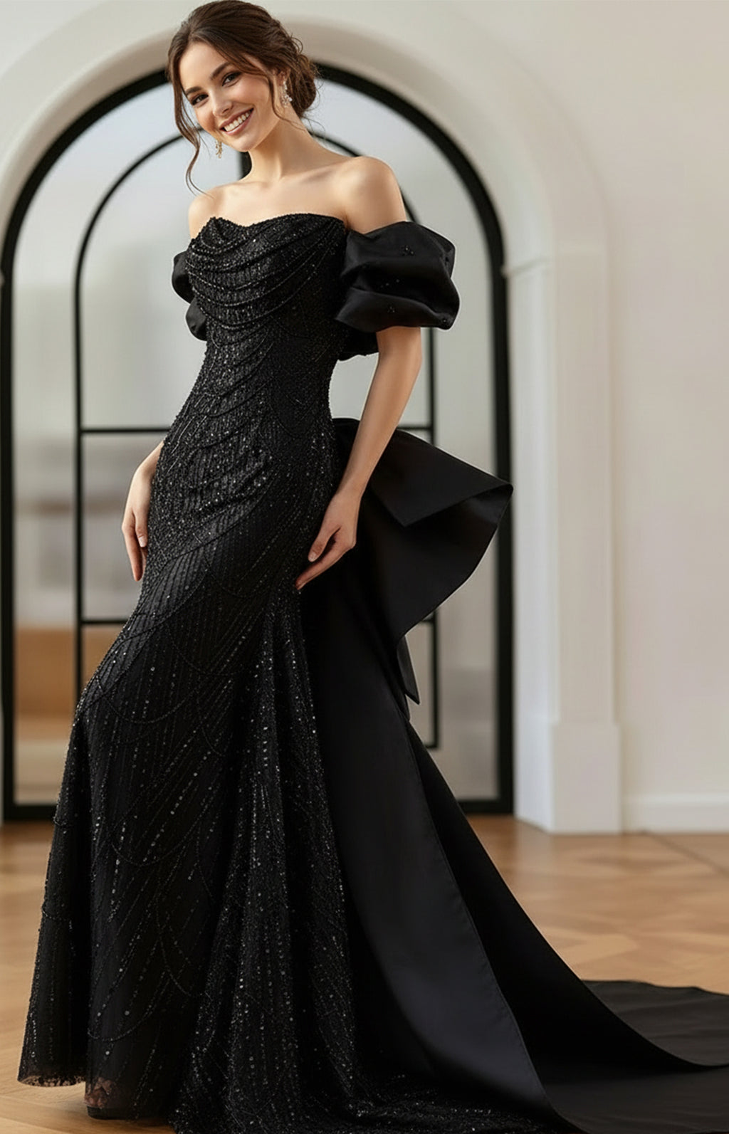 Black beaded mermaid evening gown with puff sleeves and satin back bow