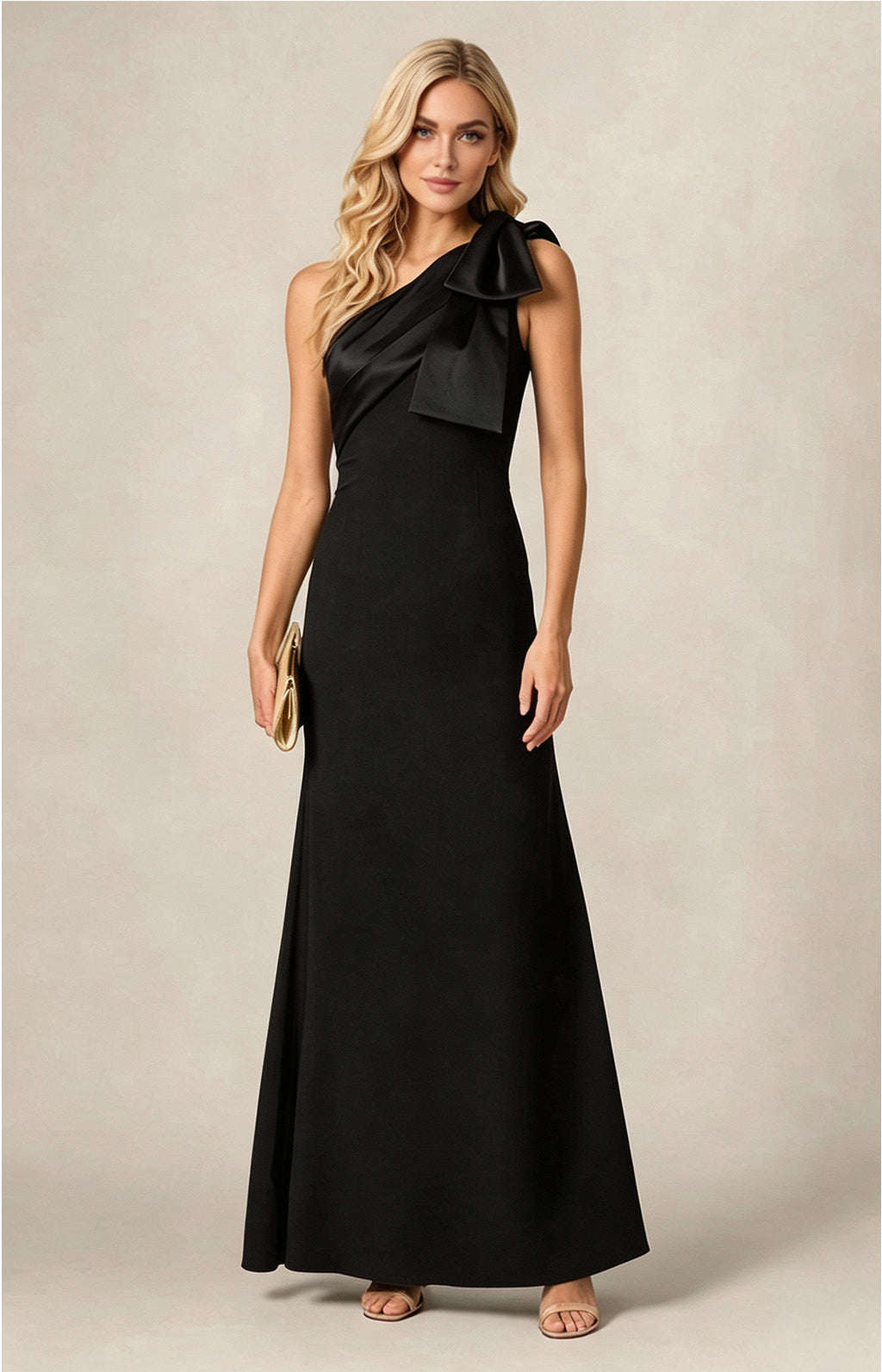 Black One‑Shoulder Bow Satin Mermaid Long Gown Front View
