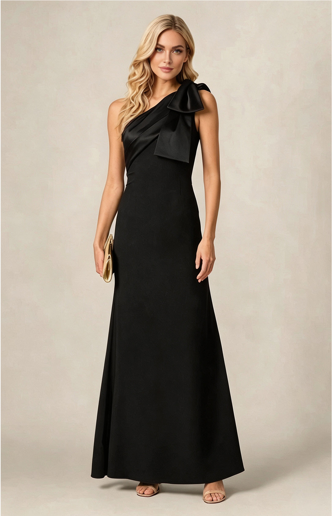 Black One‑Shoulder Bow Satin Mermaid Long Gown Front View