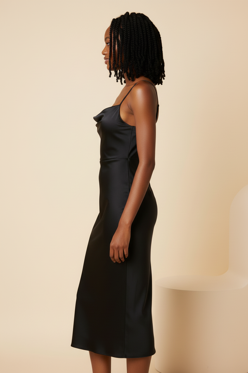 Black Premium Satin Cowl Neck Sheath Midi Homecoming Dress Front View, Spaghetti strap formal slip dress for women Side View