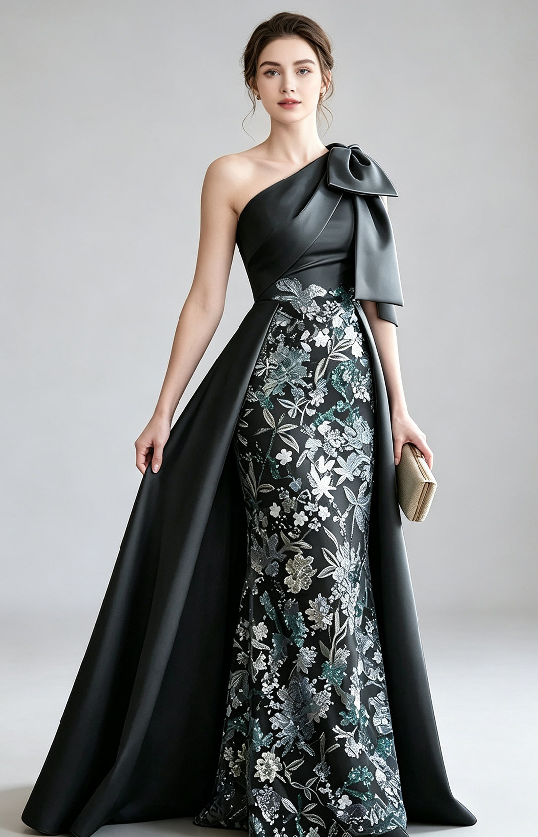 Black Premium Satin One Shoulder Mermaid Evening Gown with detachable satin overlay skirt