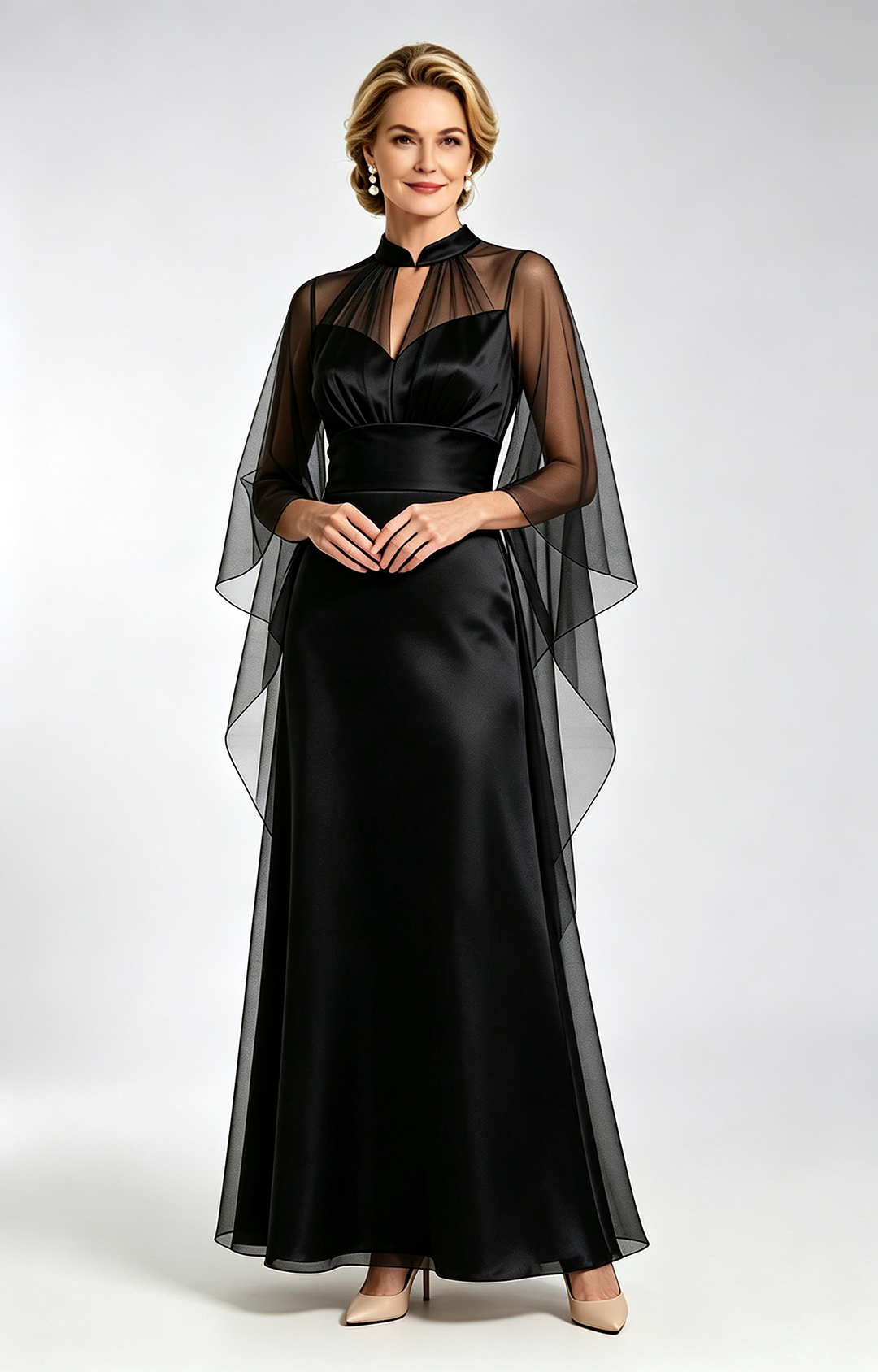 Black Satin Mother of the Bride Dress with Sheer Tulle Cape Long Formal Evening Gown Front View