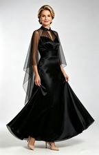 Black  Satin Mother of the Bride Dress with Sheer Tulle Cape Long Formal Evening Gown Show View