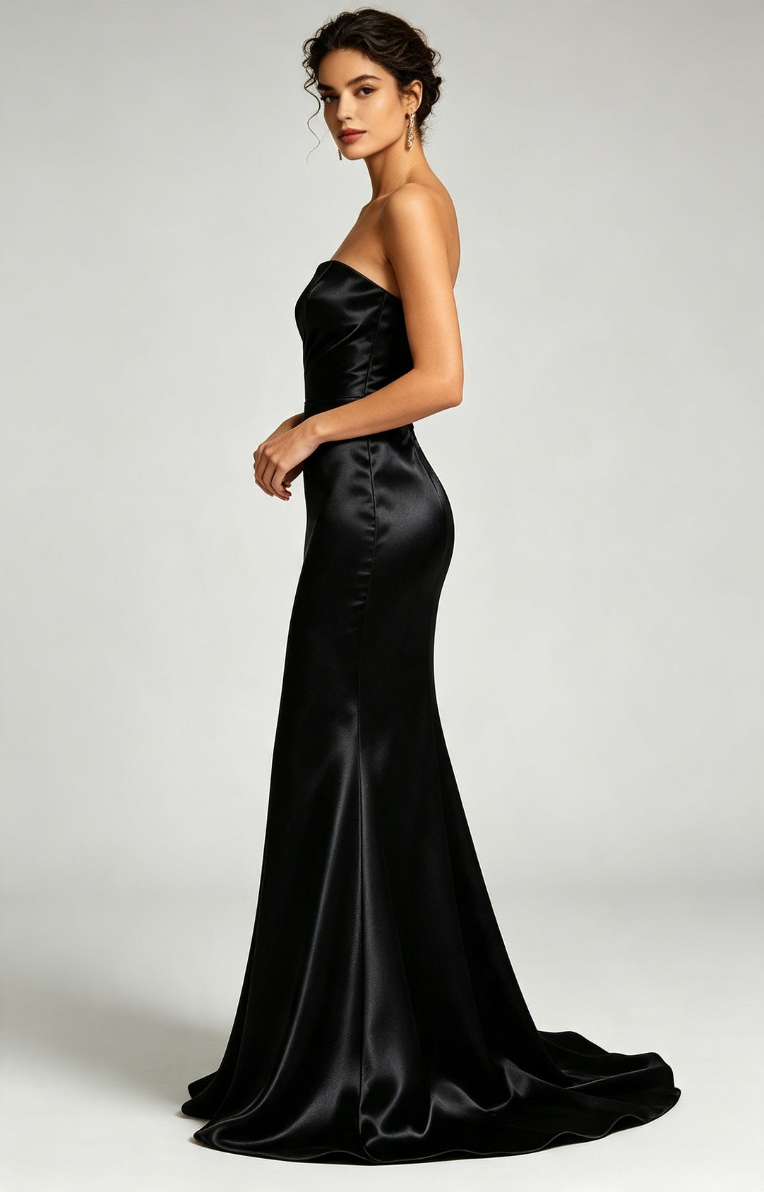 Black Spaghetti Strap Sweetheart Mermaid Luminous Satin Evening Dress Side View