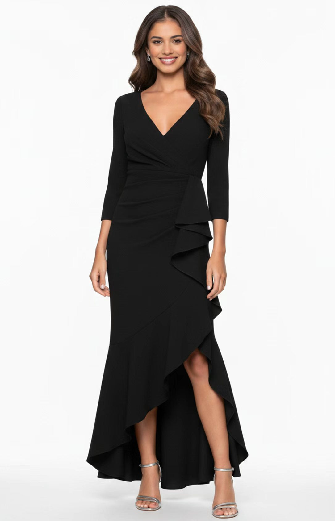Black V Neck Crepe Ruffle Lace-Up High Low Evening Dress