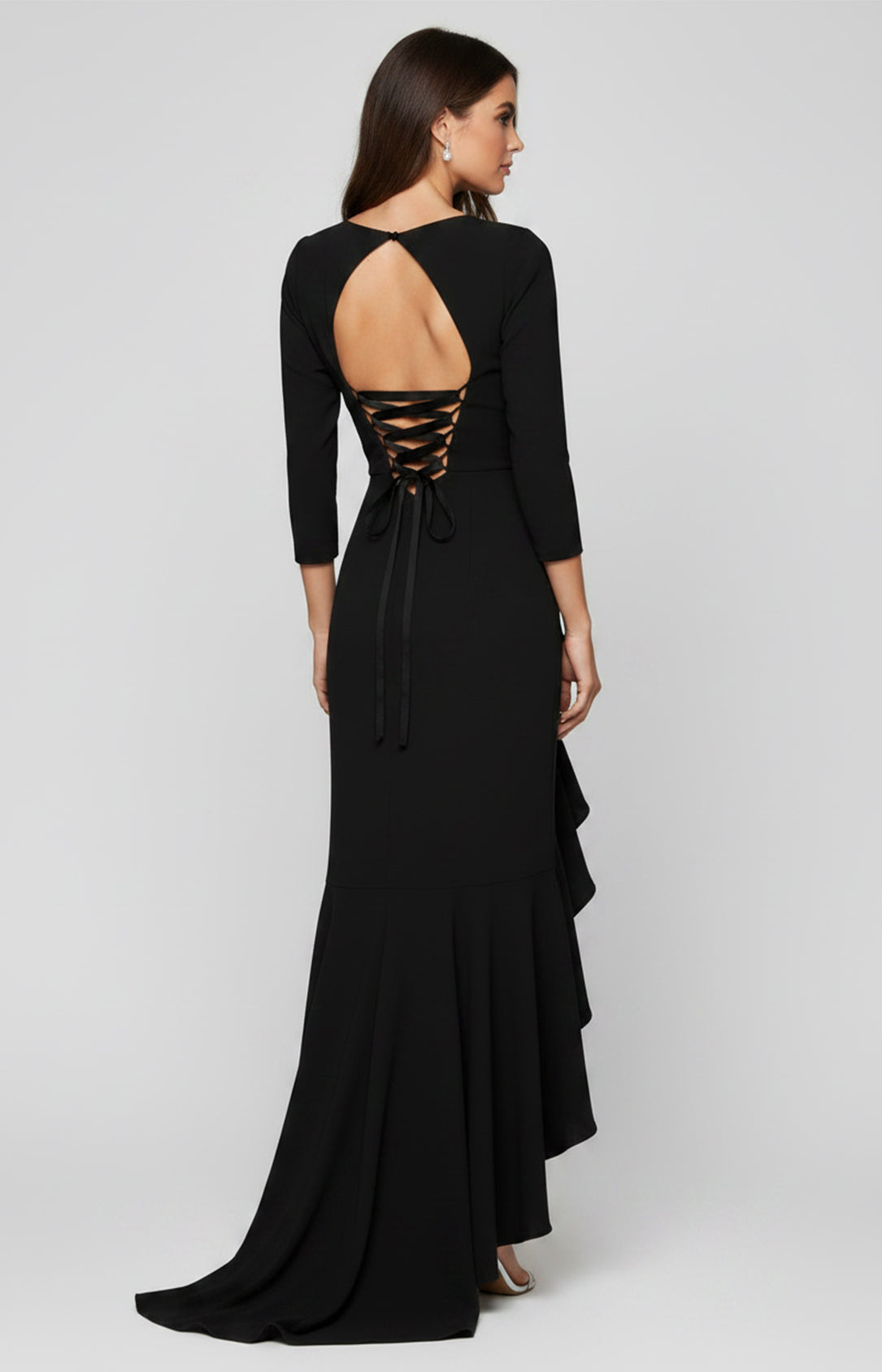 Black V Neck Crepe Ruffle Lace-Up High Low Evening Dress Back