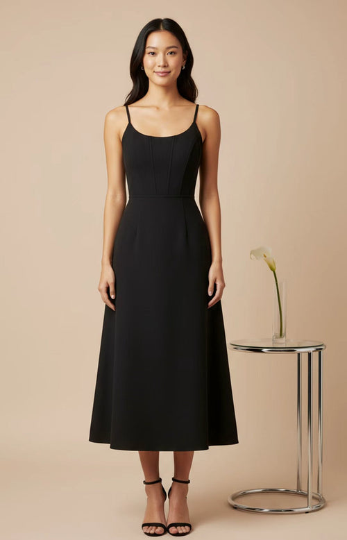 Black crepe corset-seam A-line midi dress