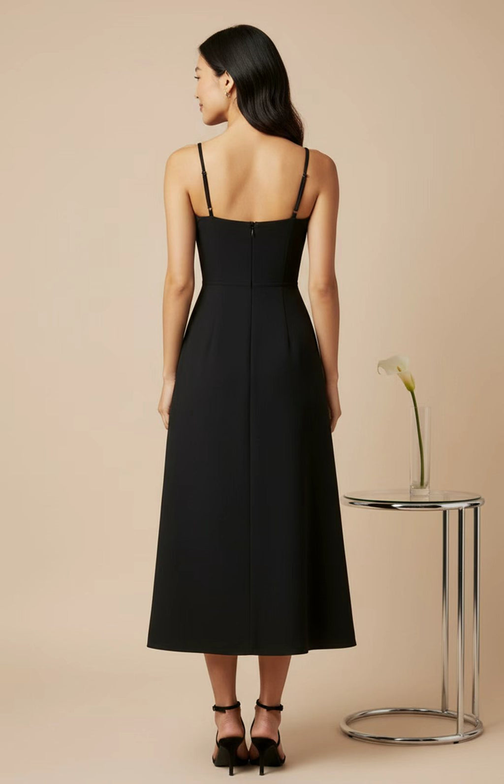 Black crepe corset-seam A-line midi dress Back View