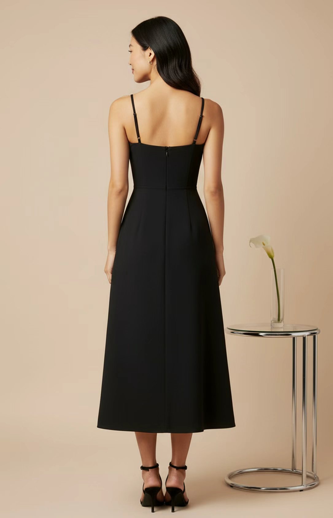 Black crepe corset-seam A-line midi dress Back View