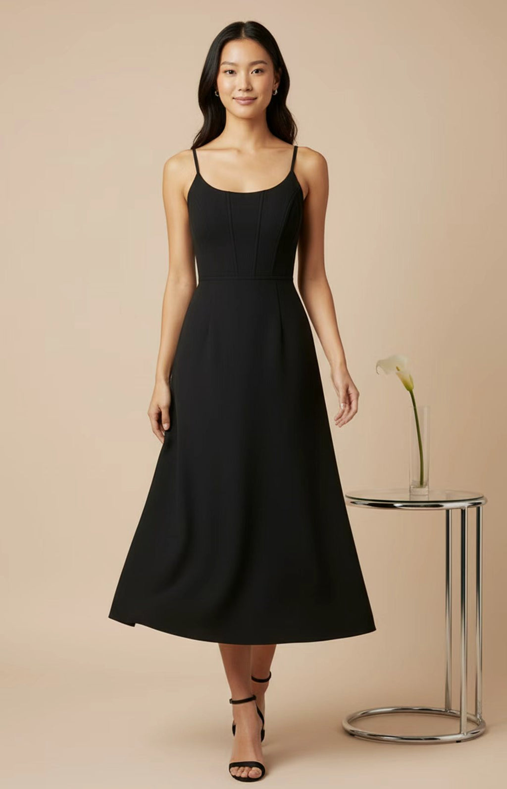 Black crepe scoop neck dress
