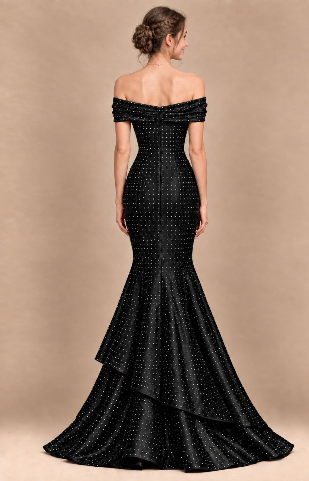 Black satin rhinestone mermaid prom dress, back view with center zipper