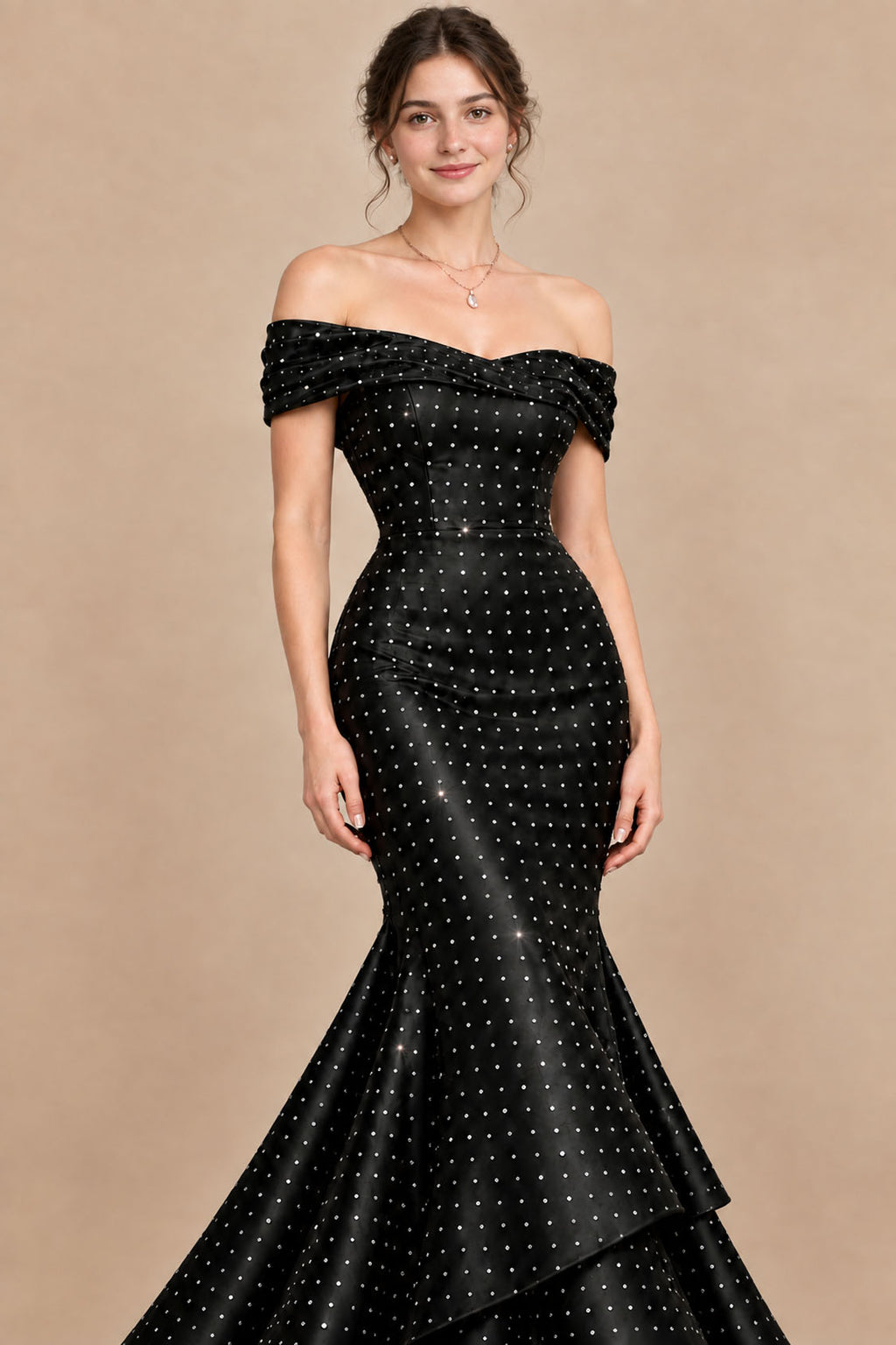 Black satin rhinestone mermaid prom dress, sweetheart bodice and fabric close-up
