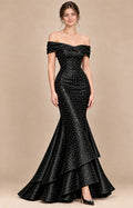 Black satin rhinestone off-the-shoulder mermaid prom dress, front view