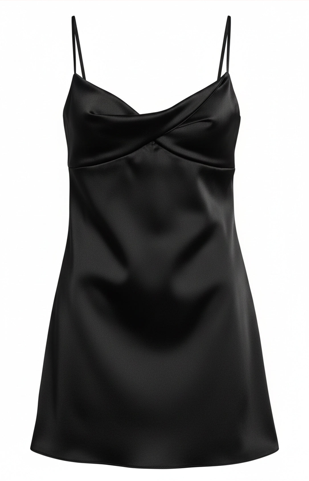 Black satin spaghetti strap mini dress adjustable strap front view 