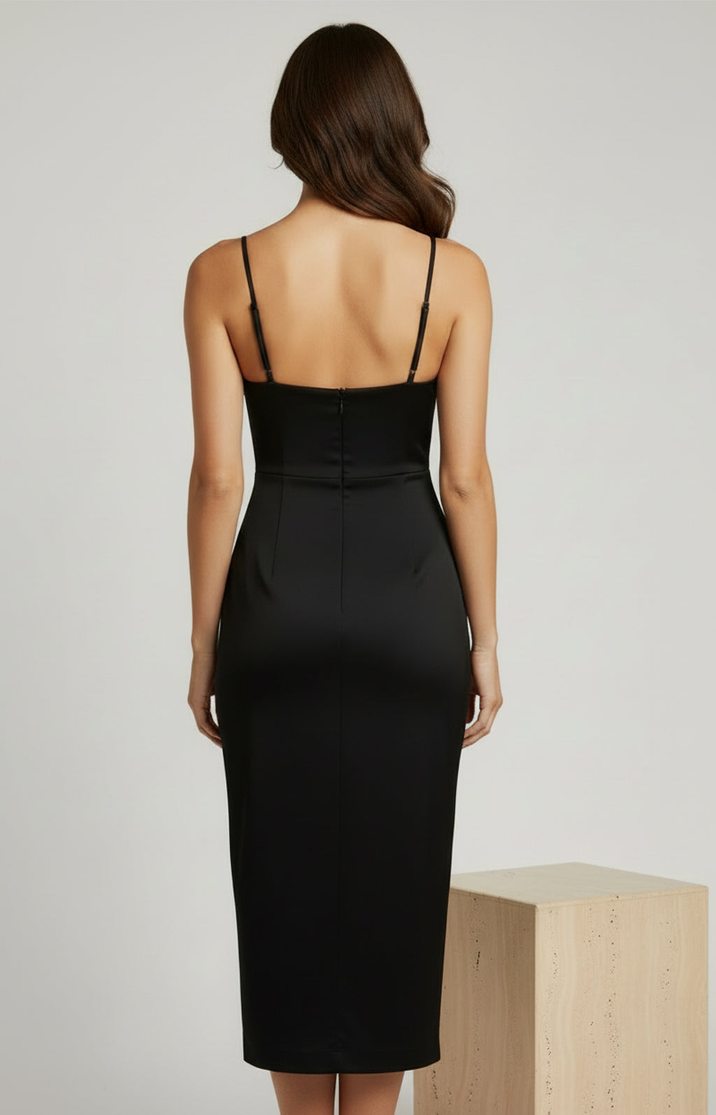 Black satin square neck spaghetti strap sheath midi homecoming dress for women