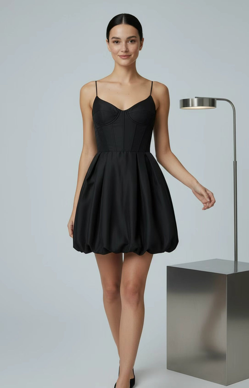Black satin sweetheart corset bubble mini homecoming dress Round view
