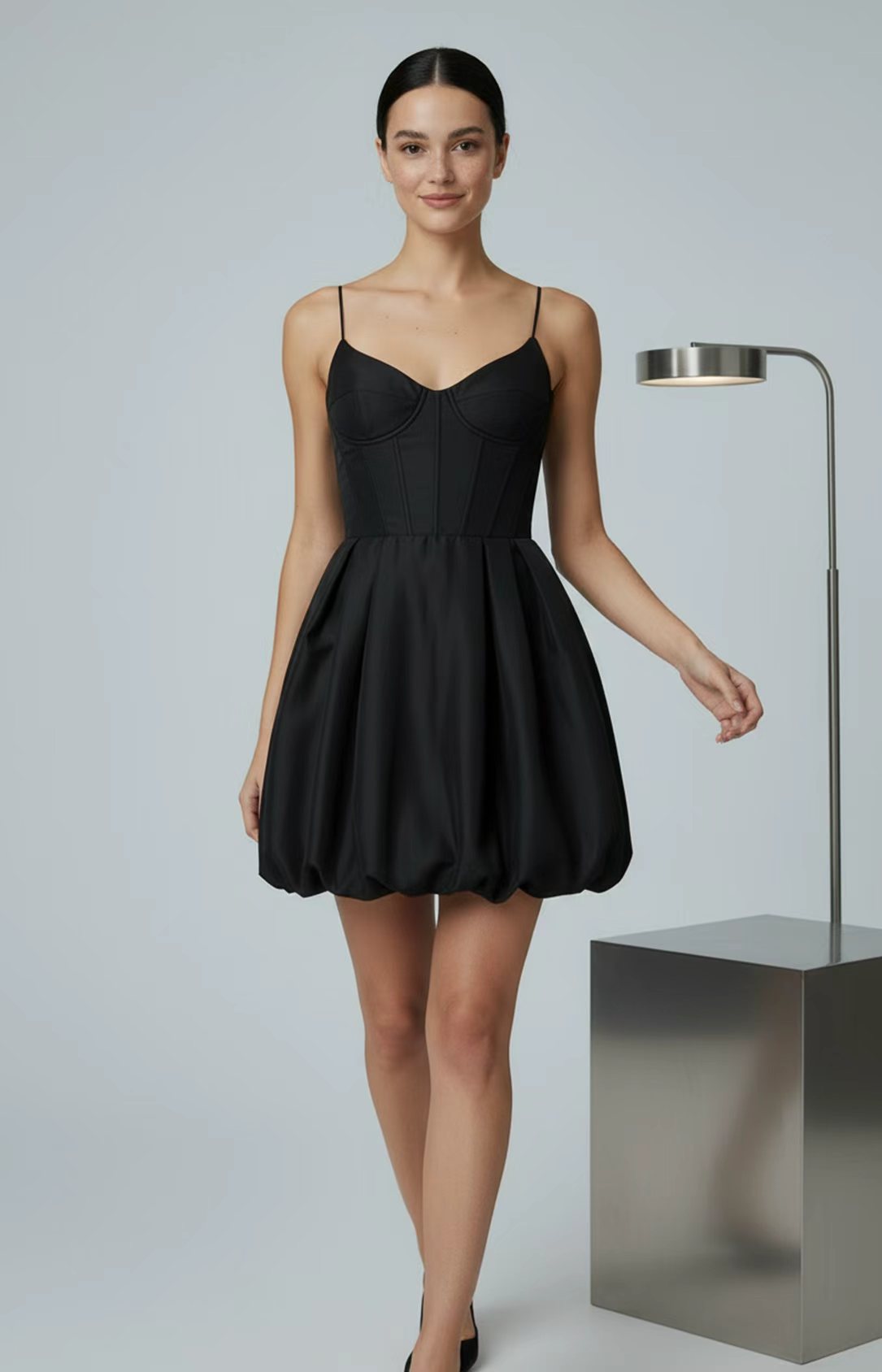 Black satin sweetheart corset bubble mini homecoming dress Round view
