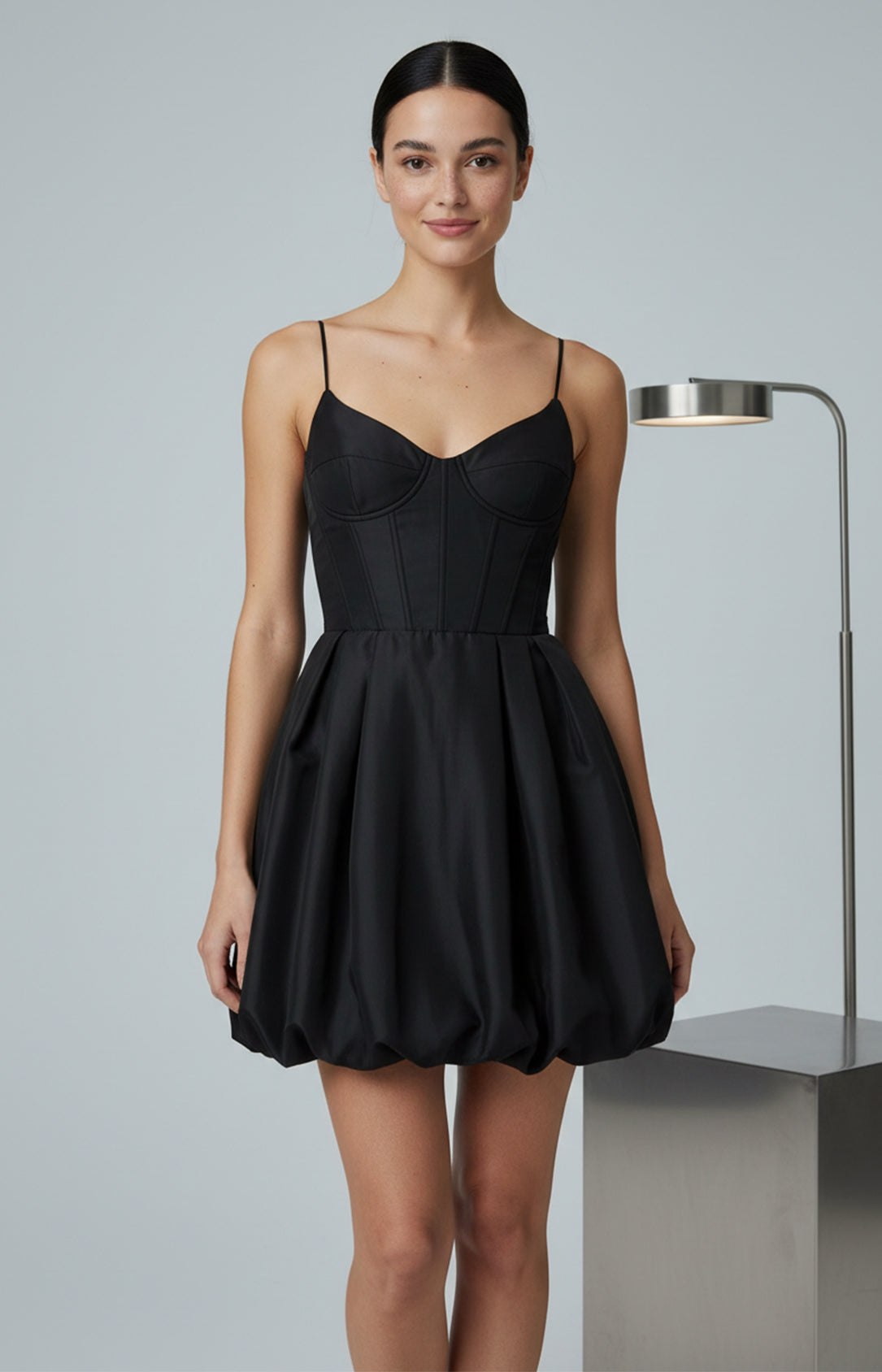 Black satin sweetheart corset bubble mini homecoming dress front view
