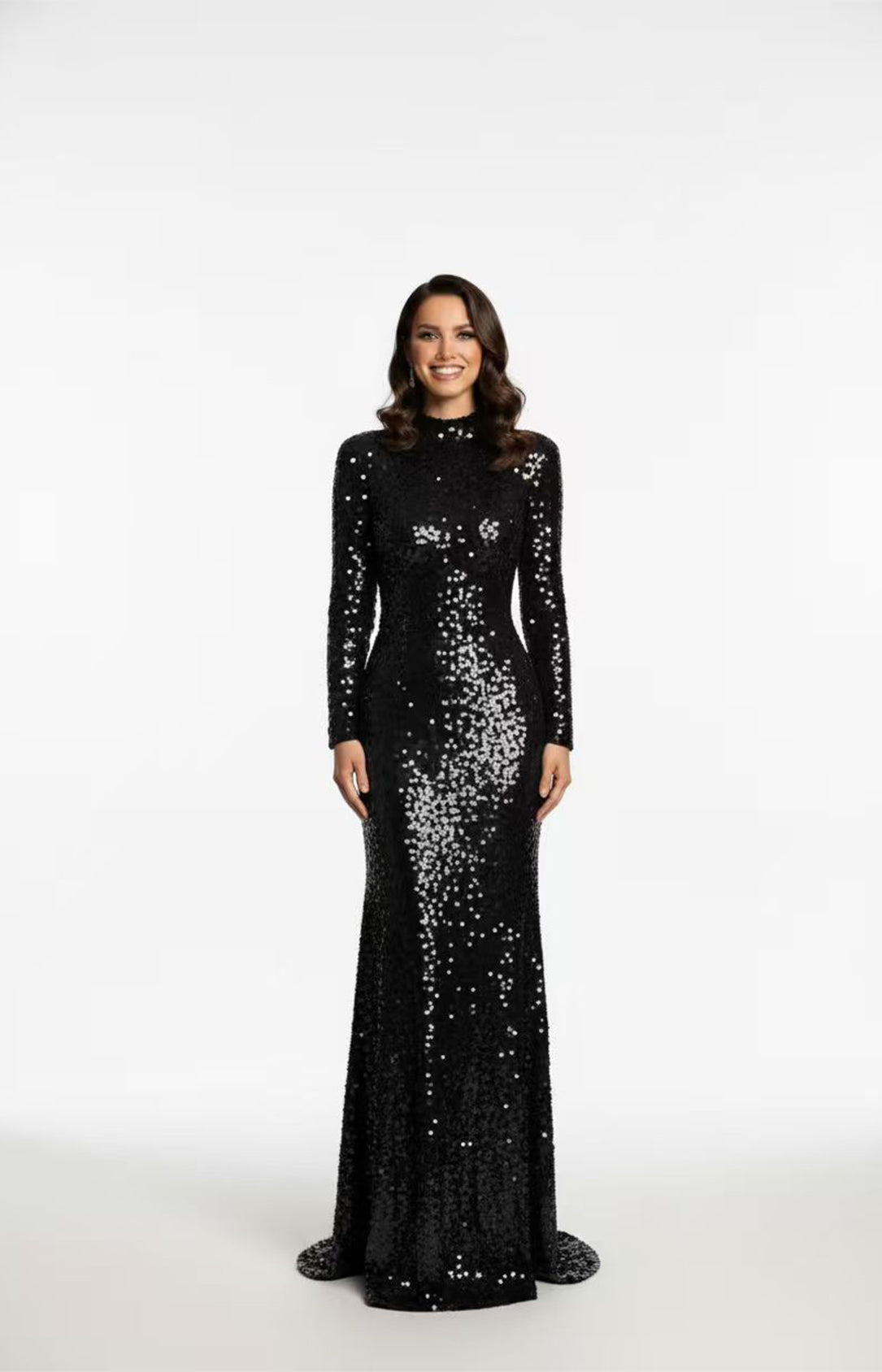 Black sequin fabric high-neck long-sleeve mermaid formal gown front view