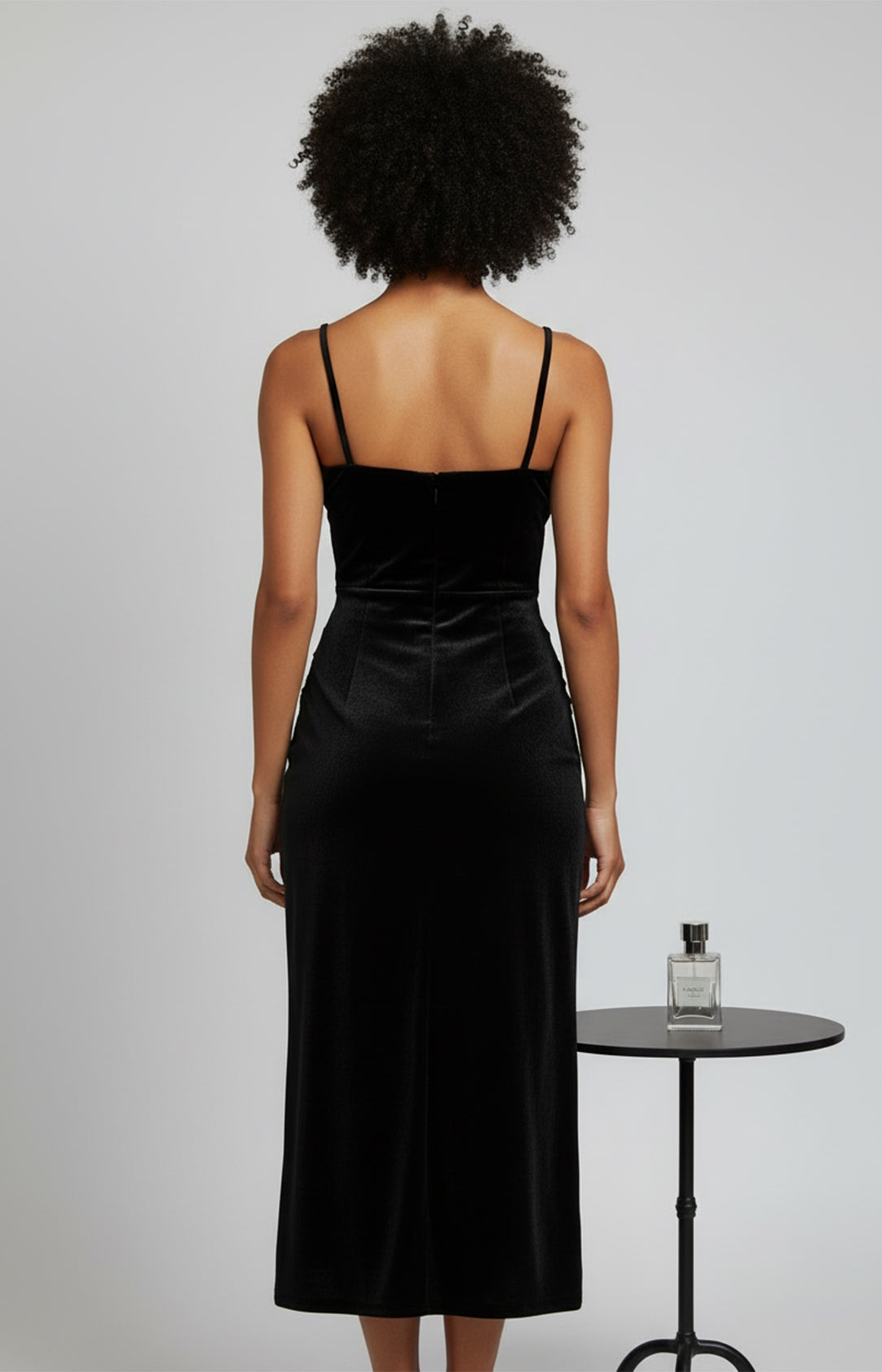 Black velvet square neck spaghetti strap ruched sheath midi homecoming dress back view