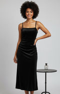 Black velvet square neck spaghetti strap ruched sheath midi homecoming dress front view