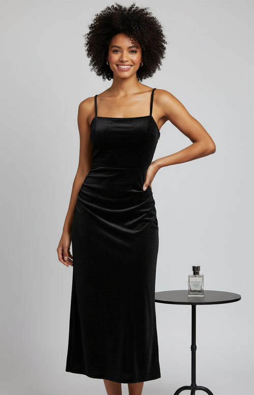 Black velvet square neck spaghetti strap ruched sheath midi homecoming dress front view