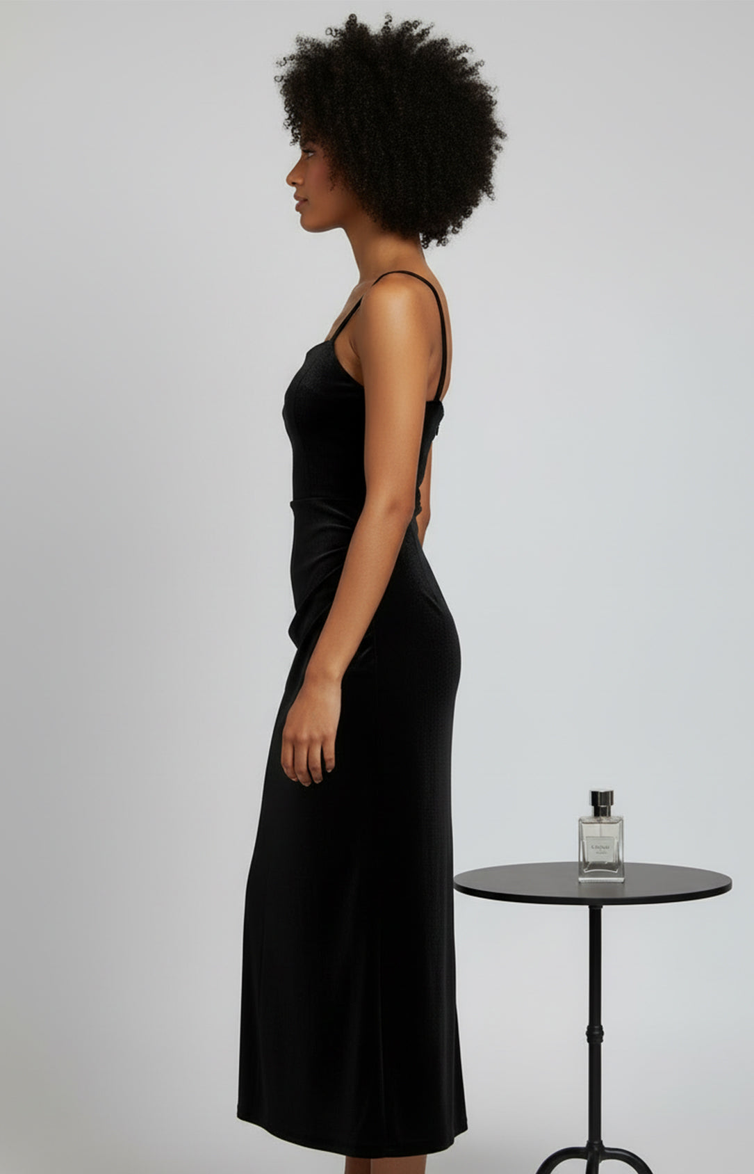 Black velvet square neck spaghetti strap ruched sheath midi homecoming dress side view